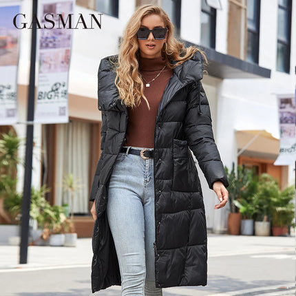GASMAN Winter Down Jacket Women Long Classic zipper Belt Design Pocket Hooded Slim Parkas Female Coat LD-21963