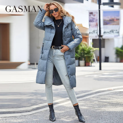 GASMAN Winter Down Jacket Women Long Classic zipper Belt Design Pocket Hooded Slim Parkas Female Coat LD-21963
