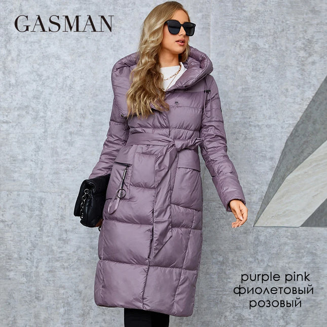 GASMAN Winter Down Jacket Women Long Classic zipper Belt Design Pocket Hooded Slim Parkas Female Coat LD-21963