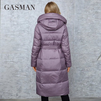 GASMAN Winter Down Jacket Women Long Classic zipper Belt Design Pocket Hooded Slim Parkas Female Coat LD-21963