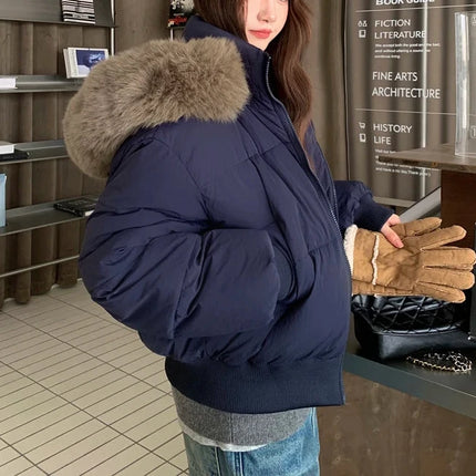 Korean Style Down Cotton Coat Thicken Short Women's Winter 2025 Jacket Casual Warm Fur Hooded Cropped Parkas Chic Streetwear ﻿