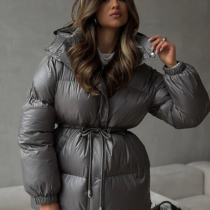 Elegant Cotton-padded Hoody Jacket Women Thicken Lace Up Full Sleeve Button Pockets Jackets Female 2025 Warm Winter Outwear