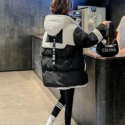 Winter Women Medium Long Styles Down Cotton Coat Korean Female Parkas Jacket 2025 Ladies Hooded Splicing Together Puffer Outwear