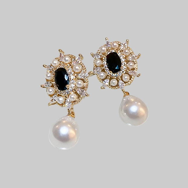 Huitan Vintage Black CZ Simulated Pearl Drop Earrings