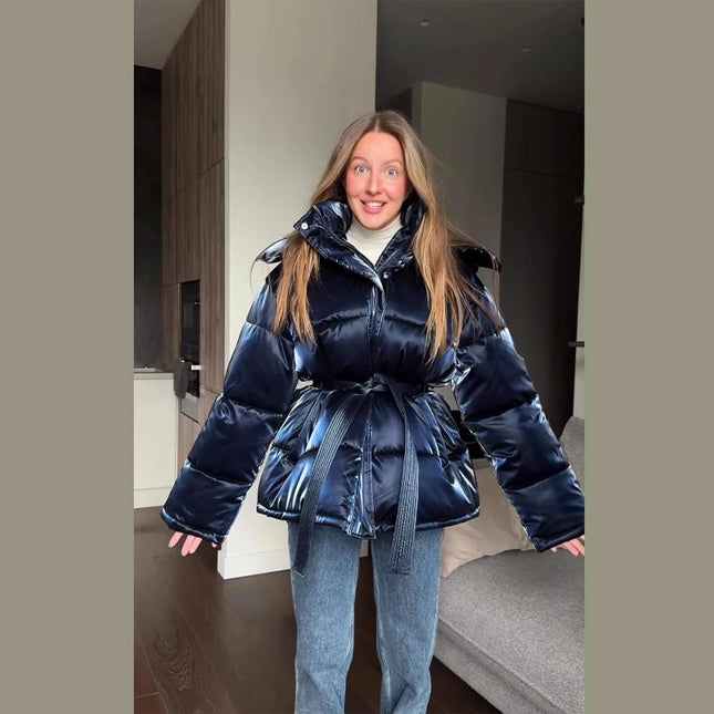 Shiny Reflective Lace-up Padded Jacket Women's Winter Warm Detachable Hood Belted Waist Parka Coat Fashion 2025 New Outerwear