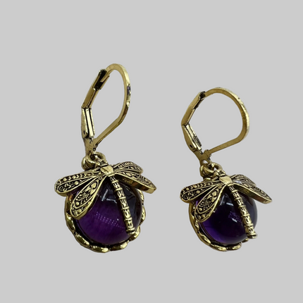 Vintage Metal Dragonfly Earrings Inky Blue Moonstone Brass Glass Cabochon Vintage Victorian Gifts for Women