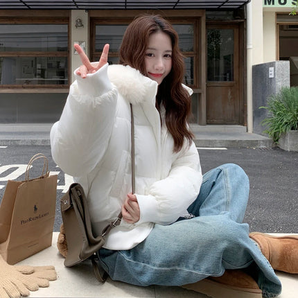 Korean Style Down Cotton Coat Thicken Short Women's Winter 2025 Jacket Casual Warm Fur Hooded Cropped Parkas Chic Streetwear ﻿