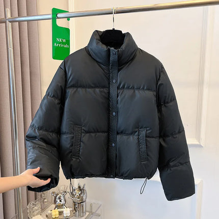PinkyIsBlack Winter Women Puffer Jacket 2025 Warm Short Stand Collar Parkas Female Casual Loose Coat Zipper Long Sleeve Overcoat