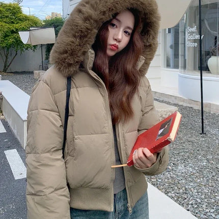 Korean Style Down Cotton Coat Thicken Short Women's Winter 2025 Jacket Casual Warm Fur Hooded Cropped Parkas Chic Streetwear ﻿