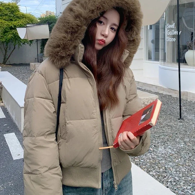 Korean Style Down Cotton Coat Thicken Short Women's Winter 2025 Jacket Casual Warm Fur Hooded Cropped Parkas Chic Streetwear ﻿