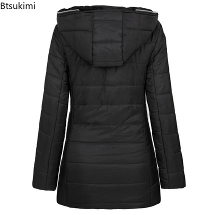2025 Winter Women Parkas Hooded Solid Zipper Splice Midi Coats Long Sleeve Pockets Slim Fit Thick Coat Casual Warm Parka Jackets