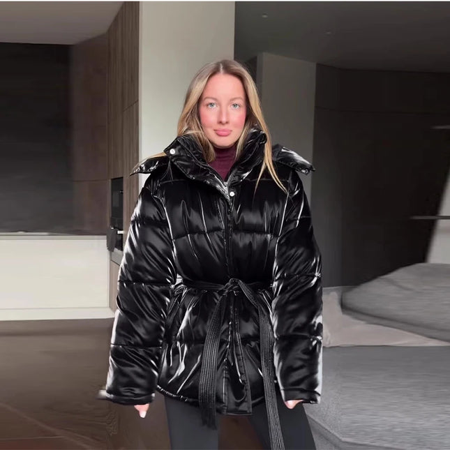 Women's Shiny Quilted Jacket With Detachable Hood Fashion Long Sleeve Zipper Belted Waist Coat Lady 2025 Warm Winter Outerwear