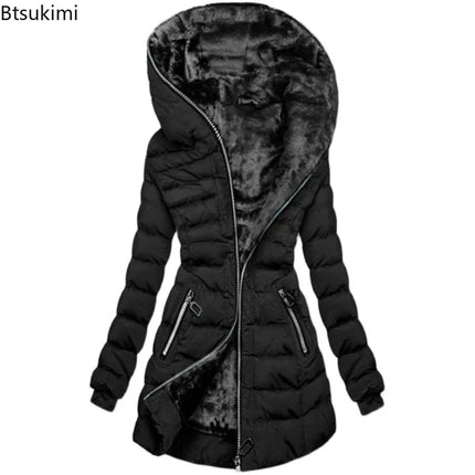 2025 Winter Women Parkas Hooded Solid Zipper Splice Midi Coats Long Sleeve Pockets Slim Fit Thick Coat Casual Warm Parka Jackets