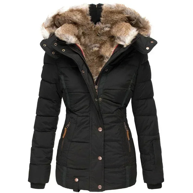 Winter Warm Fur Collar Cotton Clothes Women's Zipper Long Sleeve Slim Hooded Cotton Coat
