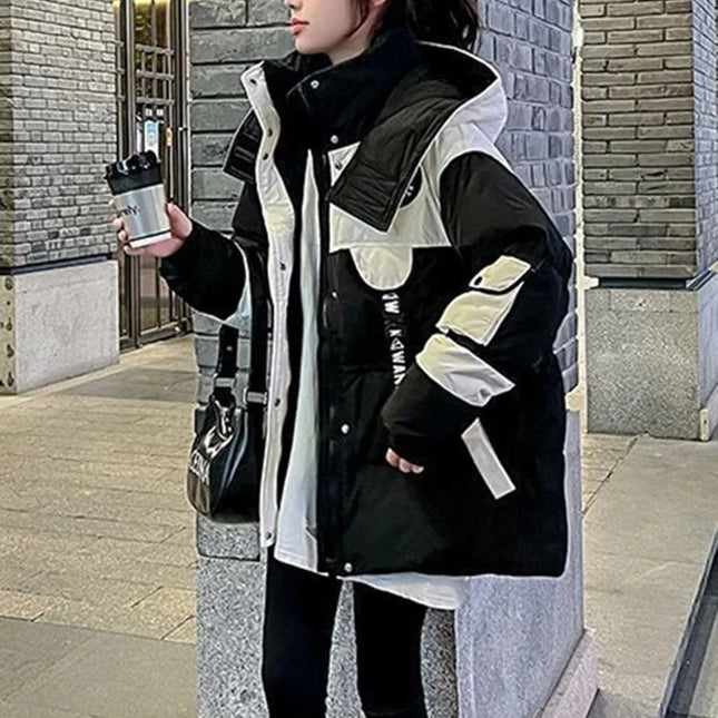 Winter Women Medium Long Styles Down Cotton Coat Korean Female Parkas Jacket 2025 Ladies Hooded Splicing Together Puffer Outwear