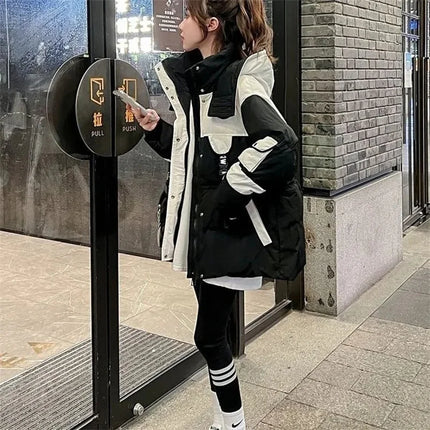 Winter Women Medium Long Styles Down Cotton Coat Korean Female Parkas Jacket 2025 Ladies Hooded Splicing Together Puffer Outwear