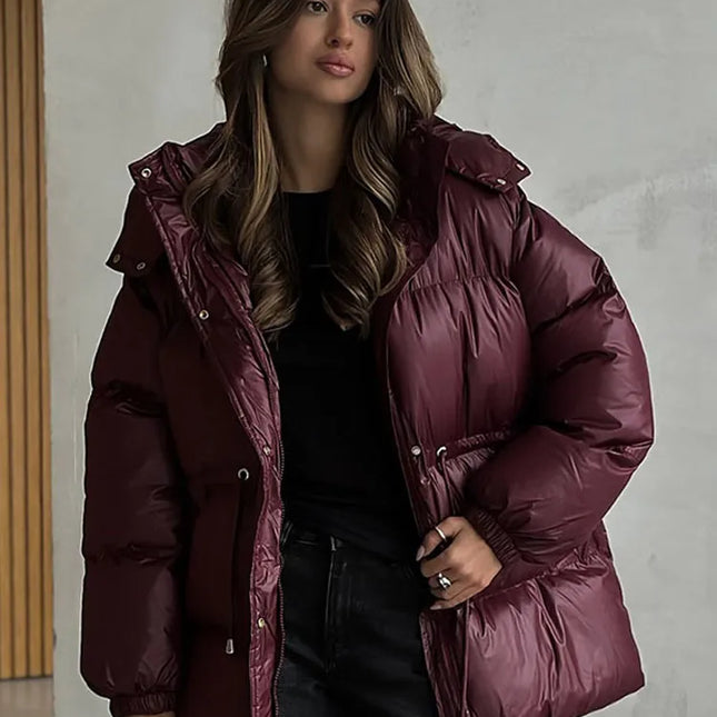 Elegant Cotton-padded Hoody Jacket Women Thicken Lace Up Full Sleeve Button Pockets Jackets Female 2025 Warm Winter Outwear