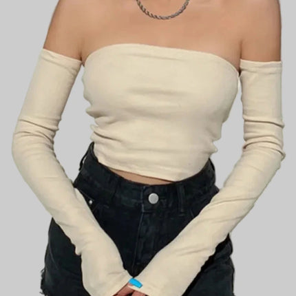 Crop Tops T-shirts, Solid Color Boat Neck Off Sexy Top Pullover with Long Sleeves