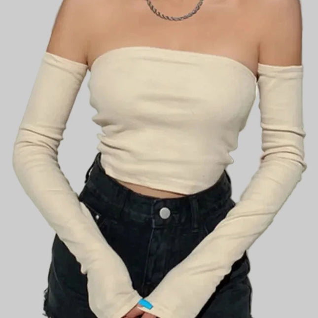 Crop Tops T-shirts, Solid Color Boat Neck Off Sexy Top Pullover with Long Sleeves