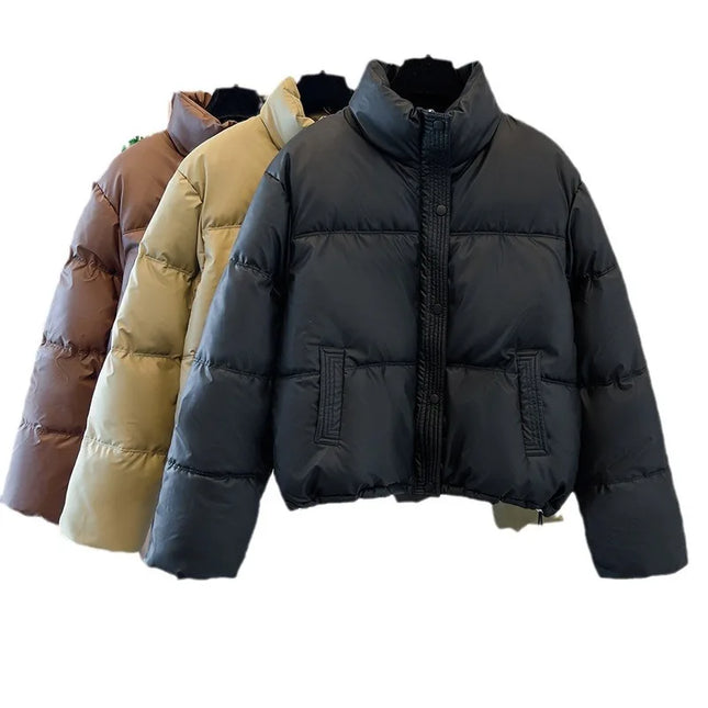 PinkyIsBlack Winter Women Puffer Jacket 2025 Warm Short Stand Collar Parkas Female Casual Loose Coat Zipper Long Sleeve Overcoat