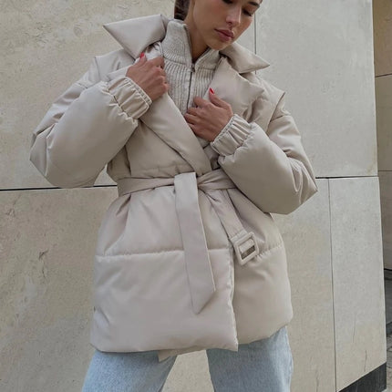 Autumn Women's Clothes with Thick Collars and Waist Cinched Cotton Jackets Look Slim Solid Color Cotton Jackets for Women