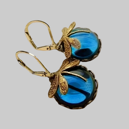 Vintage Metal Dragonfly Earrings Inky Blue Moonstone Brass Glass Cabochon Vintage Victorian Gifts for Women