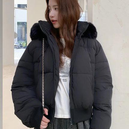 Korean Style Down Cotton Coat Thicken Short Women's Winter 2025 Jacket Casual Warm Fur Hooded Cropped Parkas Chic Streetwear ﻿