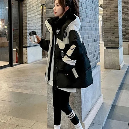 Winter Women Medium Long Styles Down Cotton Coat Korean Female Parkas Jacket 2025 Ladies Hooded Splicing Together Puffer Outwear