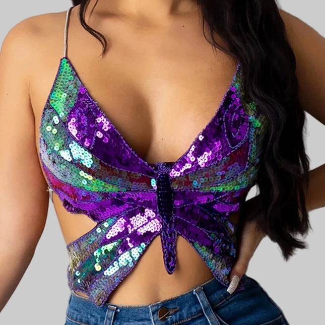 Sexy Halter Sequin Butterfly Top Corset y2k Crop Top Women Summer Top Club Womens Tops Backless Party Vintage Clothes Tank Top