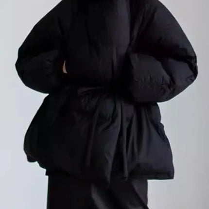LANMREM High End Black Winter Down Coats Women Hooded Belt Gathered Waist Warm Jackets Fashion 2025 New Clothing 2AA4243
