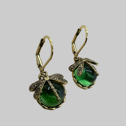 Vintage Metal Dragonfly Earrings Inky Blue Moonstone Brass Glass Cabochon Vintage Victorian Gifts for Women