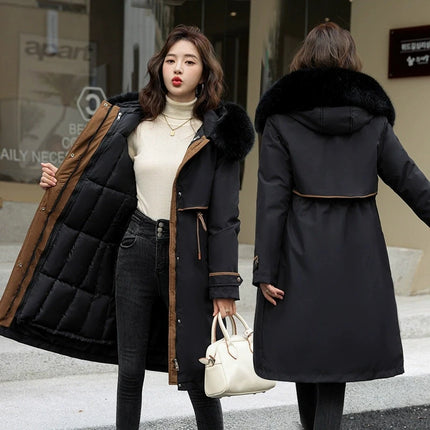 Women Winter Removable Cotton Parkas 2025 New Long Warm Thicken Cotton Coat With Lining Women Big Fur Collar Hooded Outwear