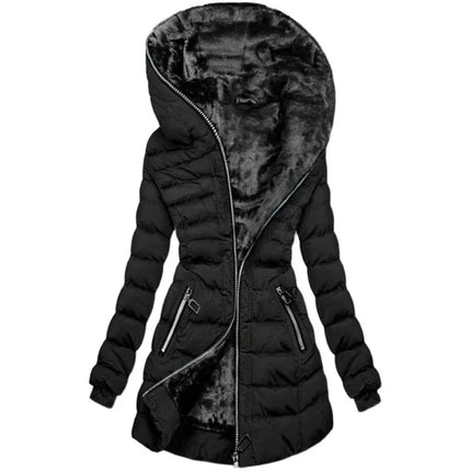 2025 Winter Women Parkas Hooded Solid Zipper Splice Midi Coats Long Sleeve Pockets Slim Fit Thick Coat Casual Warm Parka Jackets