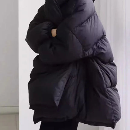 LANMREM High End Black Winter Down Coats Women Hooded Belt Gathered Waist Warm Jackets Fashion 2025 New Clothing 2AA4243