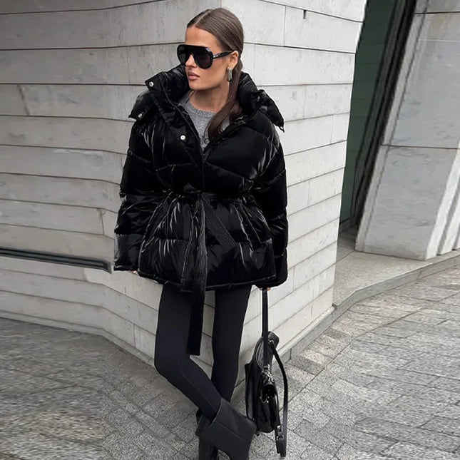 Women's Shiny Quilted Jacket With Detachable Hood Fashion Long Sleeve Zipper Belted Waist Coat Lady 2025 Warm Winter Outerwear