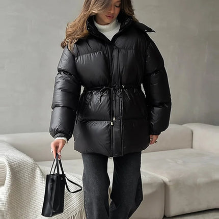 Elegant Cotton-padded Hoody Jacket Women Thicken Lace Up Full Sleeve Button Pockets Jackets Female 2025 Warm Winter Outwear
