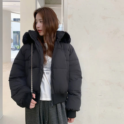 Korean Style Down Cotton Coat Thicken Short Women's Winter 2025 Jacket Casual Warm Fur Hooded Cropped Parkas Chic Streetwear ﻿