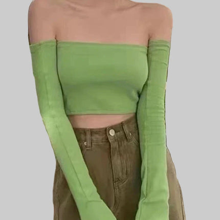 Crop Tops T-shirts, Solid Color Boat Neck Off Sexy Top Pullover with Long Sleeves