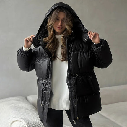 Elegant Cotton-padded Hoody Jacket Women Thicken Lace Up Full Sleeve Button Pockets Jackets Female 2025 Warm Winter Outwear