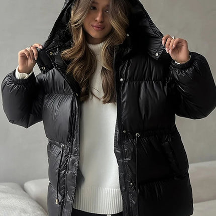 Elegant Cotton-padded Hoody Jacket Women Thicken Lace Up Full Sleeve Button Pockets Jackets Female 2025 Warm Winter Outwear