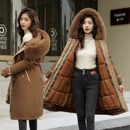Women Winter Removable Cotton Parkas 2025 New Long Warm Thicken Cotton Coat With Lining Women Big Fur Collar Hooded Outwear