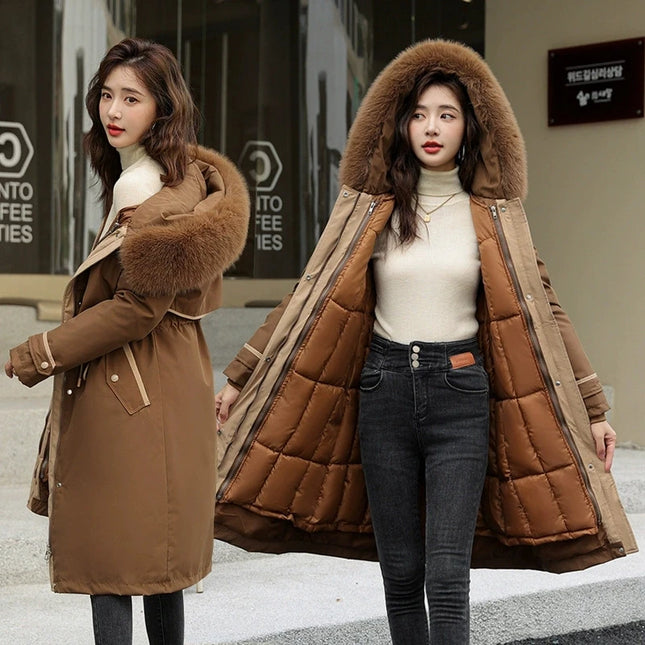 Women Winter Removable Cotton Parkas 2025 New Long Warm Thicken Cotton Coat With Lining Women Big Fur Collar Hooded Outwear