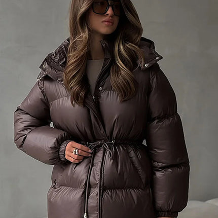 Elegant Cotton-padded Hoody Jacket Women Thicken Lace Up Full Sleeve Button Pockets Jackets Female 2025 Warm Winter Outwear