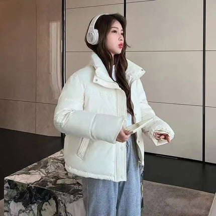 PinkyIsBlack Winter Women Puffer Jacket 2025 Warm Short Stand Collar Parkas Female Casual Loose Coat Zipper Long Sleeve Overcoat