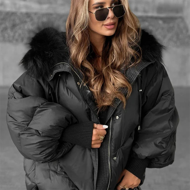 Women's Winter Jacket Hooded Large Fur Collar Single Button Zipper Female Cotton Coats Loose Winter Jacket New Outerwear Ladies