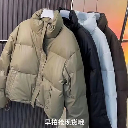 PinkyIsBlack Winter Women Puffer Jacket 2025 Warm Short Stand Collar Parkas Female Casual Loose Coat Zipper Long Sleeve Overcoat