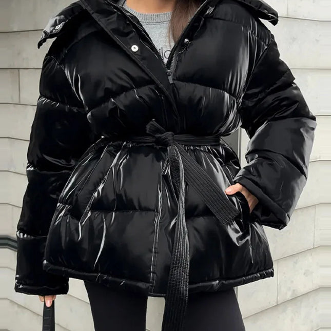 Shiny Reflective Lace-up Padded Jacket Women's Winter Warm Detachable Hood Belted Waist Parka Coat Fashion 2025 New Outerwear