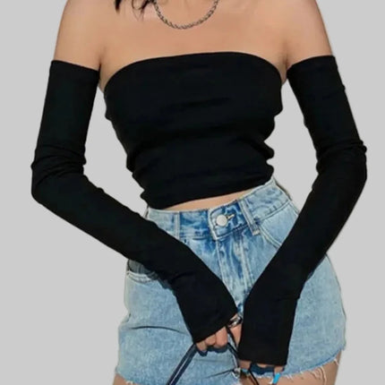 Crop Tops T-shirts, Solid Color Boat Neck Off Sexy Top Pullover with Long Sleeves