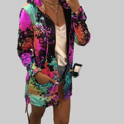 Zwart/Wit Dames Jas 2025 met Tie Dye Print & Capuchon | Harajuku Style