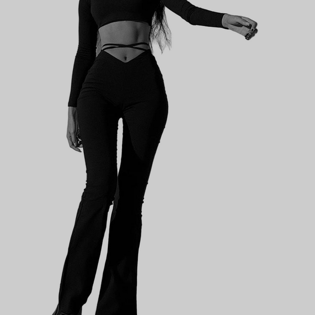 V-waist Cropped Crisscross Strap Flared Track Pants
